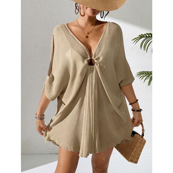 European And American Style Solid Color Beach Cover Up Women's Vacation Sun Protection With Circular V Neck Batwing Sleeves_ecoleips.com
