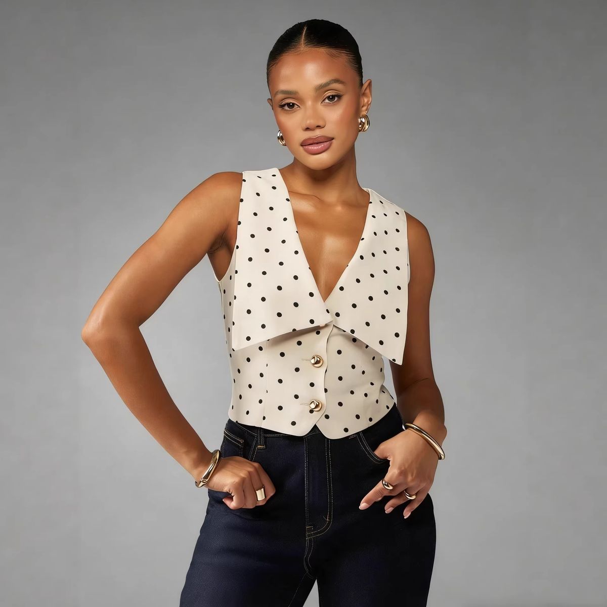 Women's Polka Dot Sleeveless Vest Buttoned Front Fitted Top V Neck Elegant Formal Sailor Style_ecoleips.com