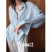 Wuu2 Endless Summer Soft Blue Striped Cotton Linen For Women, Lazy French Casual Loose Vintage Shirt_ecoleips.com