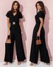 Women's Solid Color V Neck Casual Jumpsuit Short Sleeved Waist Trousers Clothing_ecoleips.com