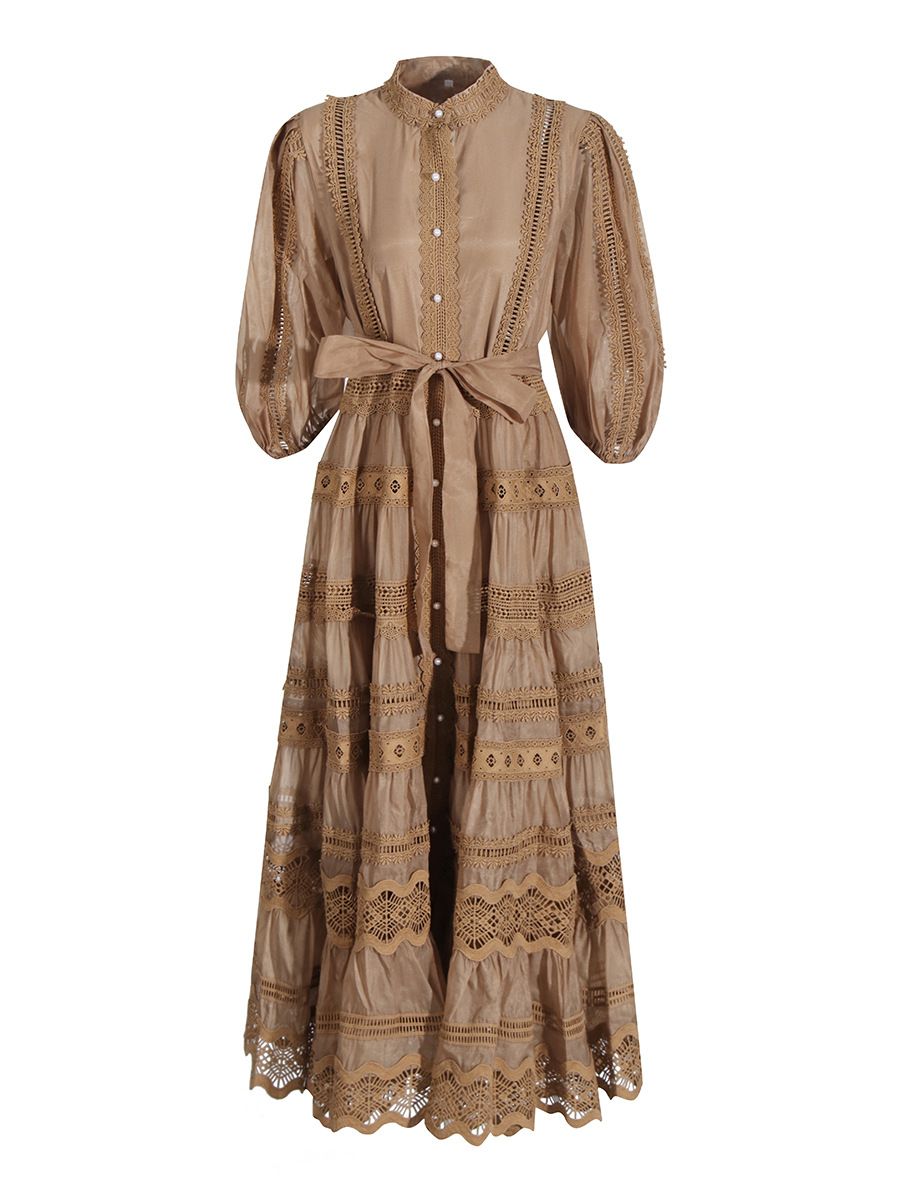 Women's Clothing High Grade Lantern Sleeve Water Soluble Embroidery Strap Dress_ecoleips.com
