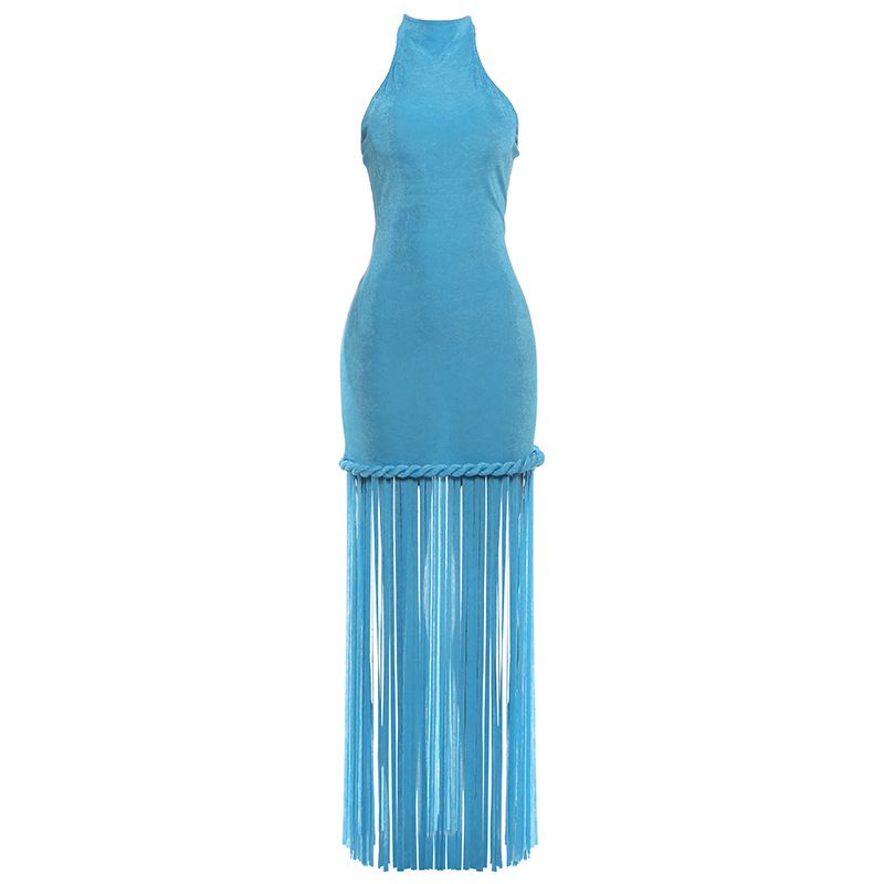 Women's Fashion Halter Neck Backless Dress Tassel Design Solid Color New Style Spring New_ecoleips.com