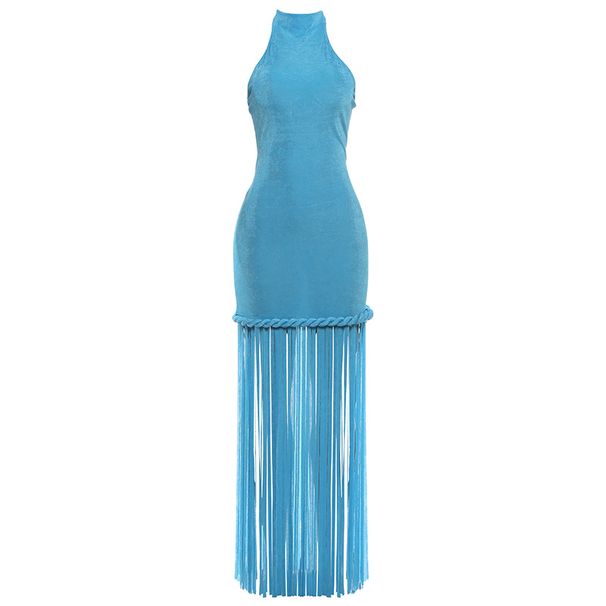 Women's Fashion Halter Neck Backless Dress Tassel Design Solid Color New Style Spring New_ecoleips.com