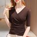 Mesh Bottoming Shirt Women's Spring And Autumn 2026 Women's Cross V-neck Medium-sleeved T-shirt Five-quarter-sleeved Inner Top Slim-fit_ecoleips.com