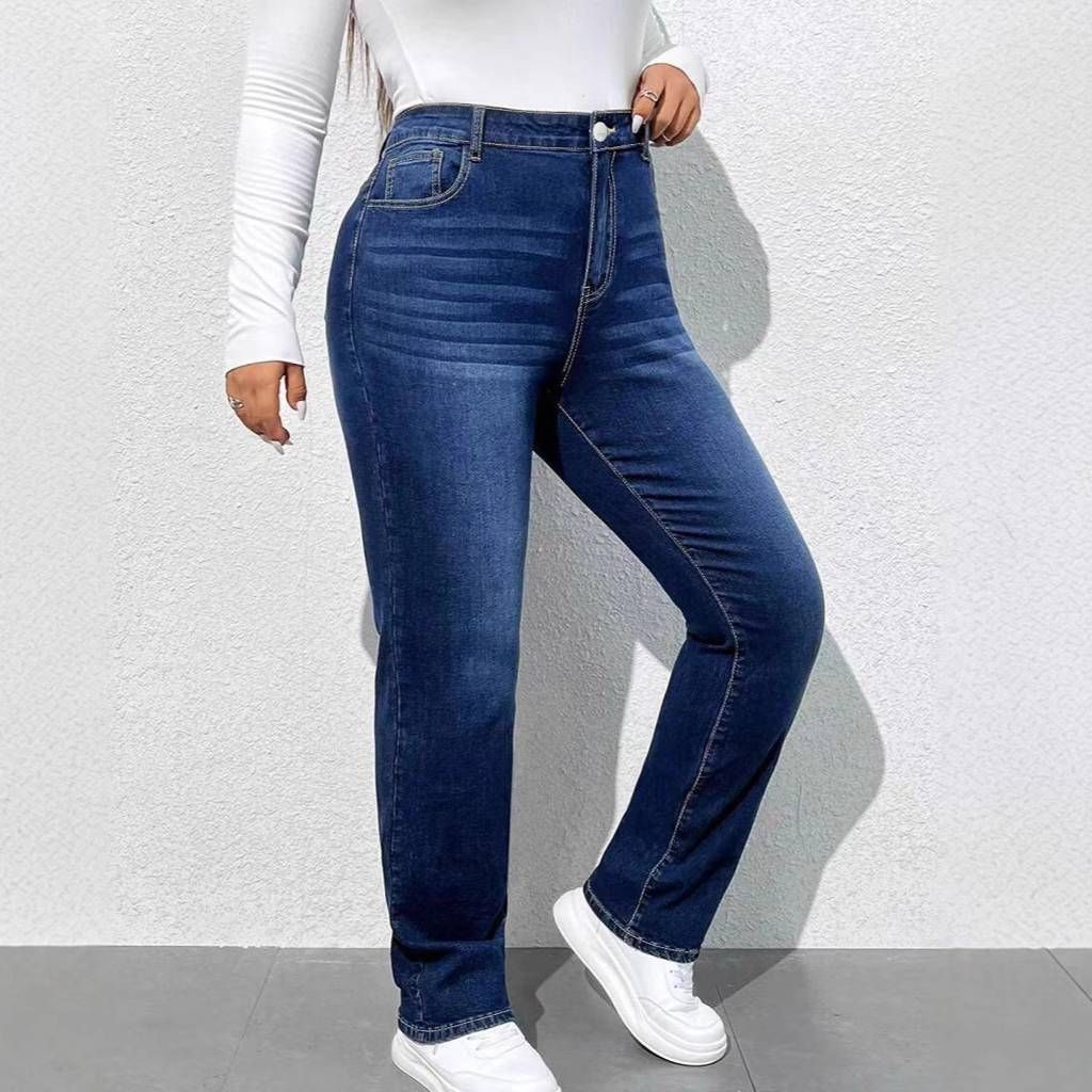 Women's Clothing Dark Blue Stretch Denim Straight Leg Cigarette Pants For Women European American Style_ecoleips.com