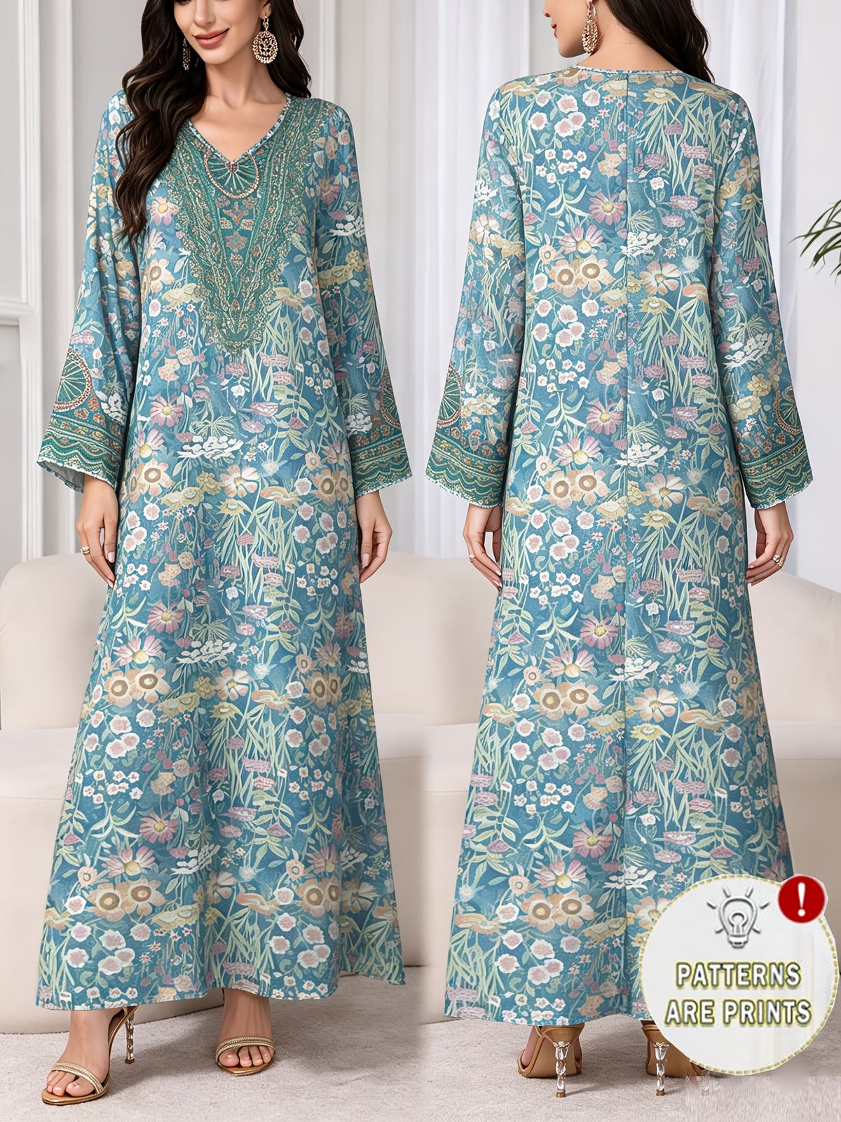 plus Size Middle Eastern Gown Western Fashion V-Neck Printed Women's Dress For Commute Loose Vacation Style Long Sleeve Dress_ecoleips.com