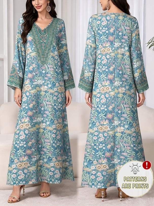 plus Size Middle Eastern Gown Western Fashion V-Neck Printed Women's Dress For Commute Loose Vacation Style Long Sleeve Dress_ecoleips.com