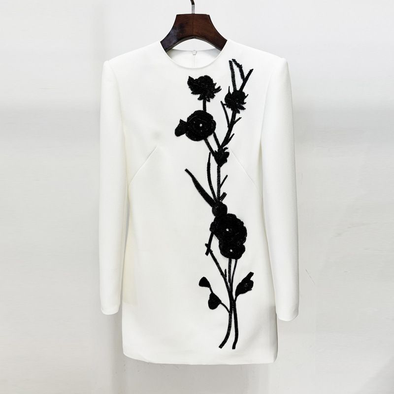 K New Fashion Heavy Industry 3D Flower Nail Bead Long Sleeve Dress Small Dress_ecoleips.com
