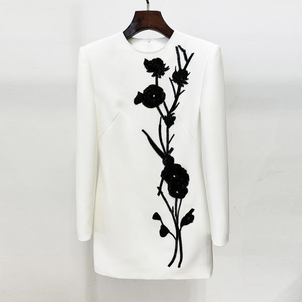 K New Fashion Heavy Industry 3D Flower Nail Bead Long Sleeve Dress Small Dress_ecoleips.com