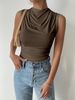 Women's Casual Pleated Design Top Summer Fashion Street Style Solid Color Slim Half High Neck Sleeveless T-Shirt Top_ecoleips.com