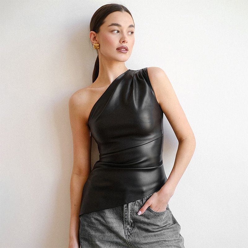 Women's Sleeveless One Shoulder Asymmetrical Neck Zipper T-Shirt Top Solid Color Autumn Fashion European American Style_ecoleips.com