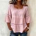 Women's Casual Square Neck Top Solid Color Cotton Linen Blend Lace Trim Three Quarter Sleeve Summer Wear_ecoleips.com