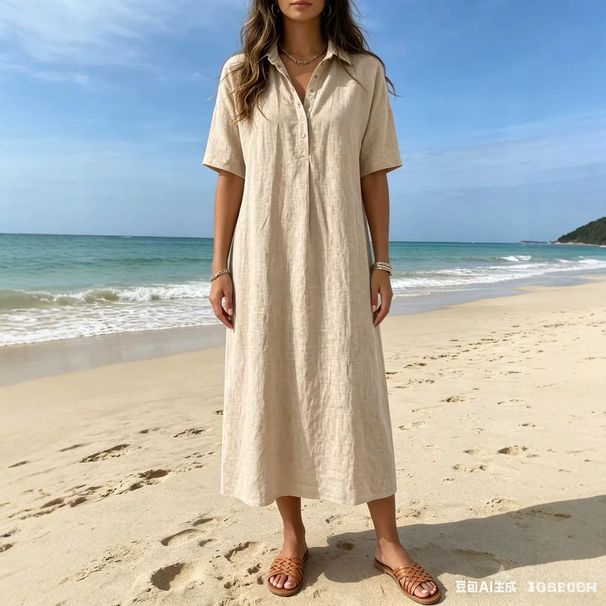 Loose And Casual Lapel Short-Sleeved Solid-Color Cotton And Linen Dress For Summer 2026_ecoleips.com