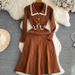 Elegant A-Line Knit Dress With Bow Collar – Chic Contrast Color Long Sleeve Dress For Women | Slimming Office & Party Wear_ecoleips.com