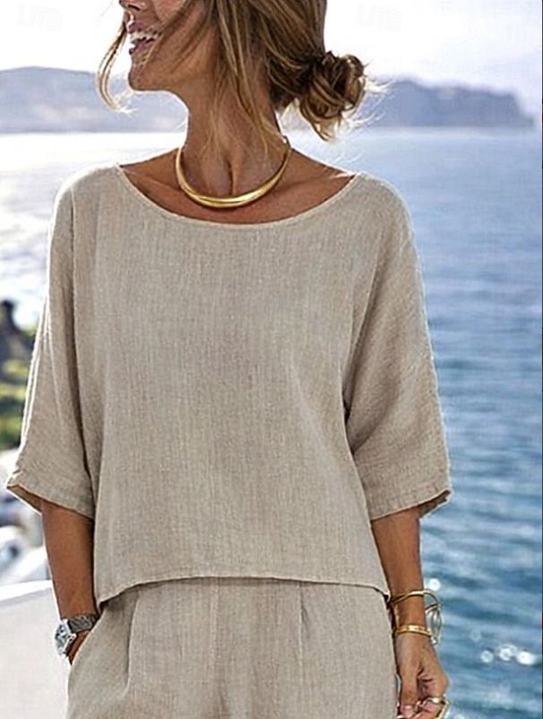 Women's 2 Piece Short Sleeve Linen Top And Long Pants Set – Casual Beach Resort Outfit For Summer Daily Wear_ecoleips.com