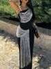 Sexy Slanted Shoulder Sleeveless Long Dress Women Elegant Fringed Patchwork Slim Fit Party Dress Fashion Hight Waist Solid Gowns_ecoleips.com