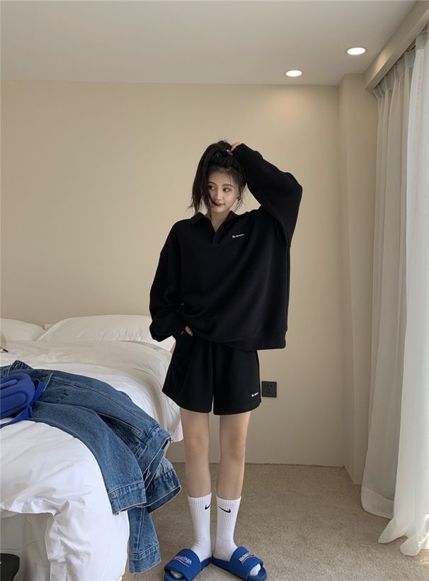 Retro Style Women's Two Piece Set Loose Embroidered Polo Collar Sweatshirt Casual Sporty Fashionable Versatile Early Autumn Suitable_ecoleips.com