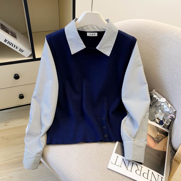 Women's Clothing Style Women's Patchwork Faux Two Piece Knit Sweater Autumn Chic Design Bulk Order For Formal & Casual For Women_ecoleips.com