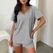 Women's V-Neck Short Sleeve & Shorts Lounge Set - Solid Color Casual Outfit Summer Comfort_ecoleips.com
