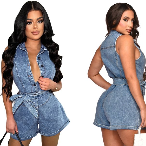 Women's Clothing Sleeveless Tight Waist Slim Elastic Washed Denim Jumpsuit Jumpsuit Short_ecoleips.com
