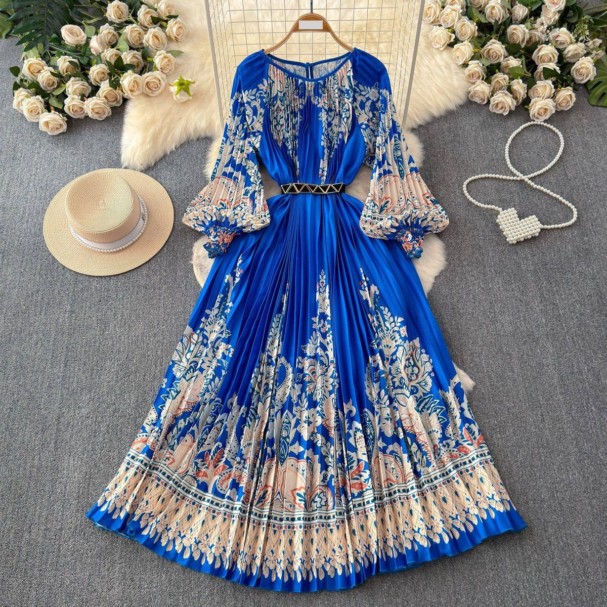 Elegant Royal-Print Maxi Dress – 3D Floral & Lantern Sleeves For Ethereal Winter Style_ecoleips.com