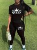 Women's Casual Loose And Fashionable QUEEN Letter Pattern Printed Loose T-shirt+cropped Pants Two-piece Set Home Sportswear Daily Wear-273_ecoleips.com