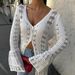 Women's French Holiday Style Cardigan Long Loose Woolen Coat Casual Leisure Outerwear Unique Design Hollow Trumpet Sleeve_ecoleips.com