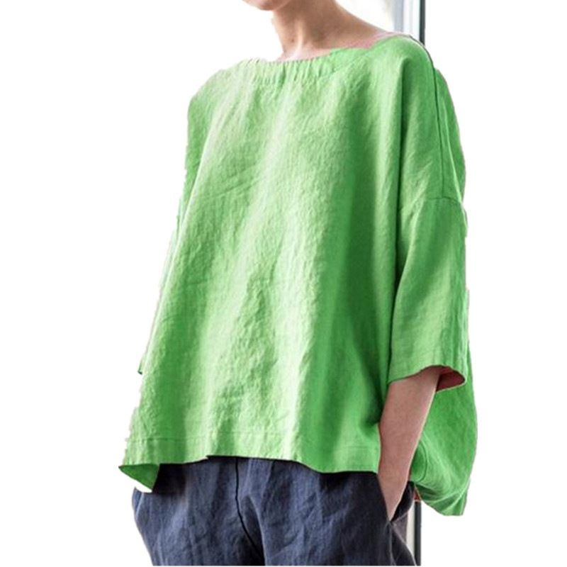 Bohemian Linen Blend Oversized Top – Round Neck 3/4 Sleeve Tunic For Women (5 Earthy Colors) Breathable Hybrid Fabric_ecoleips.com