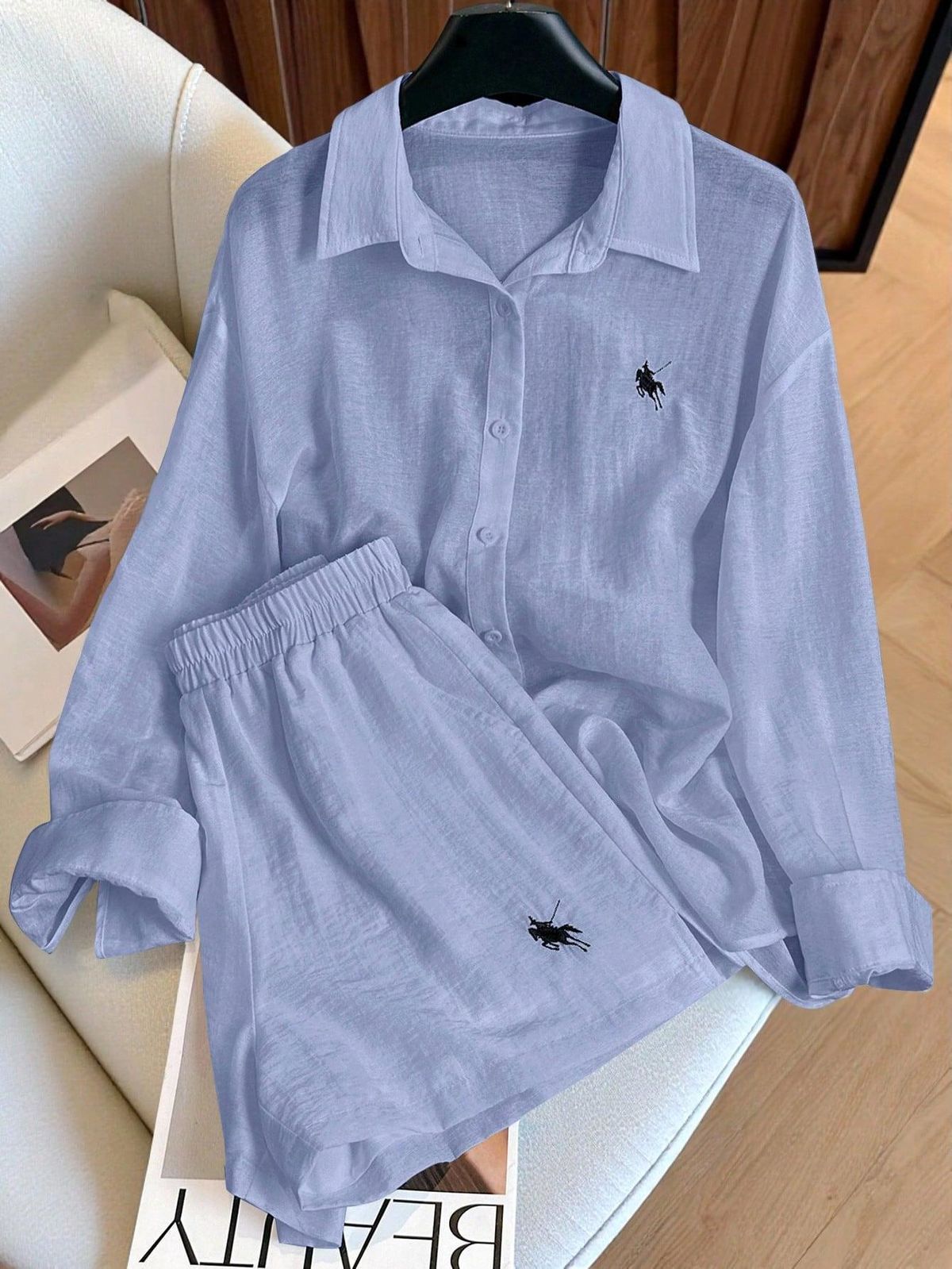 Polo Brand Embroidered Shirt Set Women Loose Long Sleeve Sun Protection Shirt + Shorts Two-Piece Casual Resort Wear_ecoleips.com