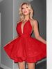 Women's Clothing Glitter Fabric Slim Fit Bright Pink Deep V Neck Ruffled Dress_ecoleips.com