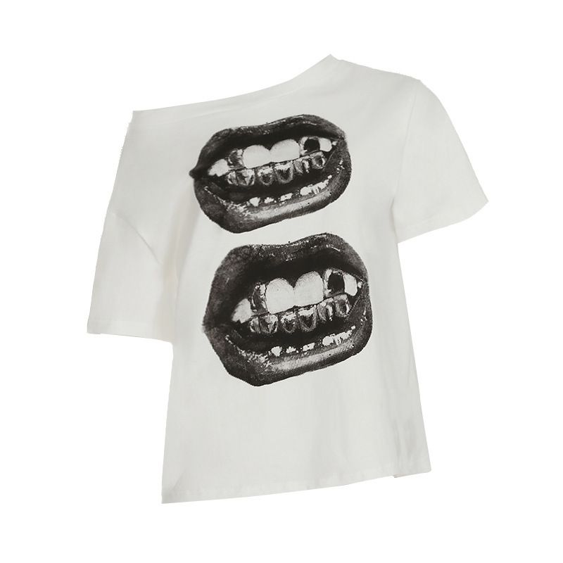Women's European American Hip Hop Style Mouth Print Asymmetrical Neck Short Sleeve T-Shirt Sexy Off-Shoulder Casual Loose Fit Streetwear_ecoleips.com