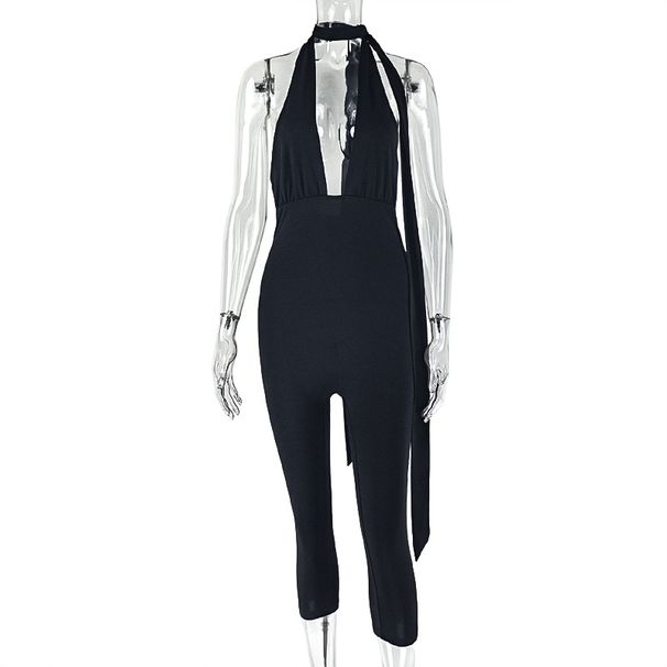 Women's Slim Fit Sports Commuter Jumpsuit V Neck Tie Up European American Style Trendy Solid Color_ecoleips.com