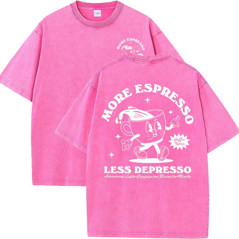 More Espresso Less Depresso Letter Cup Drink Print Washed Womens Tee Shirt Cotton T-Shirts New Breathable Clothes All-Match Top_ecoleips.com