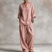 Women's Casual V Neck Long Sleeve Pants Set With Pockets Multi Color Cotton Top And Bottoms Ensemble_ecoleips.com