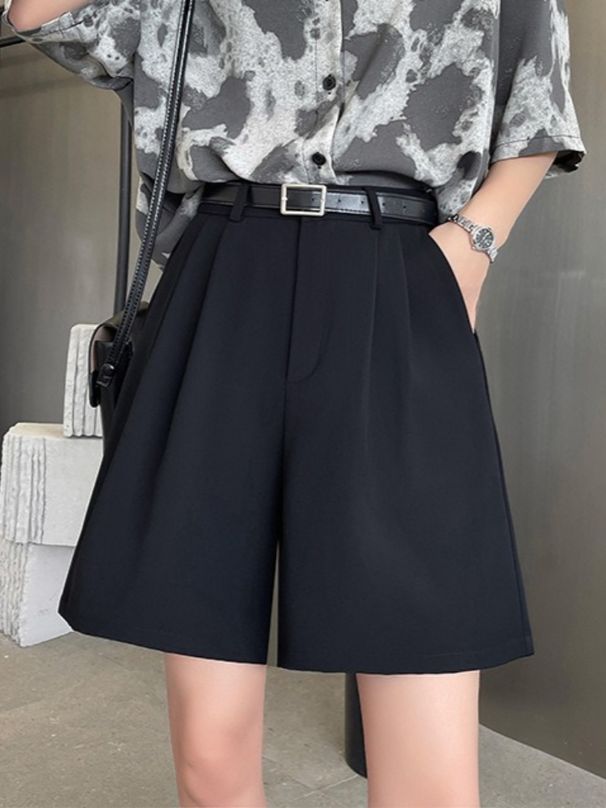 K Suit Shorts, Women's New Style For Outerwear, High Waist Slimming, Loose And Wide Leg Pants, Thin Casual Five Inch Shorts. No Belt_ecoleips.com