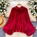 Women's Clothing Soft Satin Pleated Blouse Red Bell Sleeved Loose Fit Slimming French Style Top For Work Spring Summer_ecoleips.com