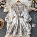 Women's Clothing Print Single Breasted V Neck Lantern Sleeve Waisted Medium Length Dress For Small People_ecoleips.com