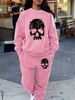 Women's Autumn And Winter Hip-hop Casual Street Fashion Skull Pattern Printed Round Neck Sports Shirt+sports Pants Warm Set-666_ecoleips.com