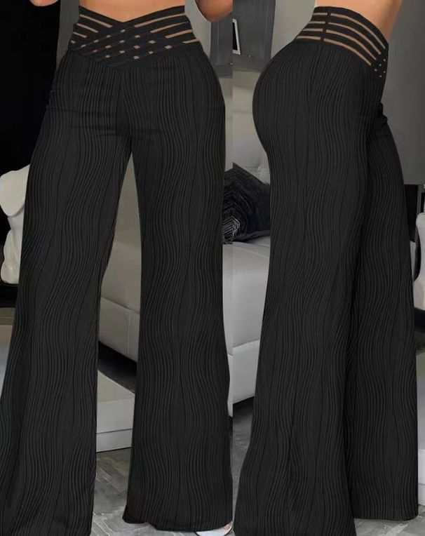 Women's Clothing High Waist Casual Pants Pleated Hollow Water Ripple Wide Leg Pants Women's Trousers_ecoleips.com