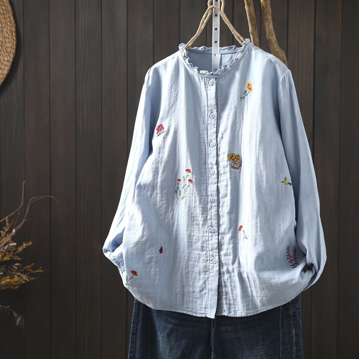 Forest Style Artistic Embroidered Wood Ear Collar Shirt For Women, Long-Sleeved, Soft, Skin-Friendly, Breathable, Loose_ecoleips.com
