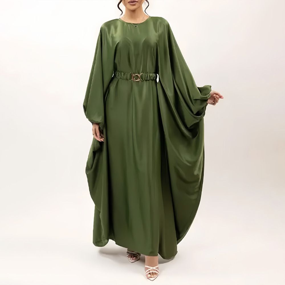 Women's Middle Eastern Style Acetate Satin Batwing Sleeve Robe With Metal Buckle Cinched Waist Abaya For Celebration Wear 2025_ecoleips.com