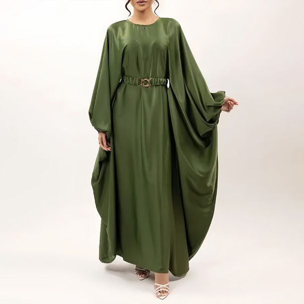 Women's Middle Eastern Style Acetate Satin Batwing Sleeve Robe With Metal Buckle Cinched Waist Abaya For Celebration Wear 2025_ecoleips.com