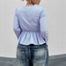 AD840 Autumn New Blouses Blue Striped Women's Tie-Front Bell Sleeve Waist-Cinching Top_ecoleips.com