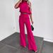Women's Clothing Solid Color Commuting Temperament Mid Sleeve Navel Exposed Top High Waist Wide Leg Trousers Suit_ecoleips.com