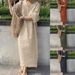 New Women's Loose Short Sleeved V-neck Solid Color Large Cotton And Linen Long Skirt_ecoleips.com