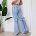 Women's Light Blue High Waist Flare Jeans With Bow Detail, Split Hem Stretchy Denim Bell Bottom Pants, Casual Daily Wear Slim Fit Bootcut Trousers For_ecoleips.com