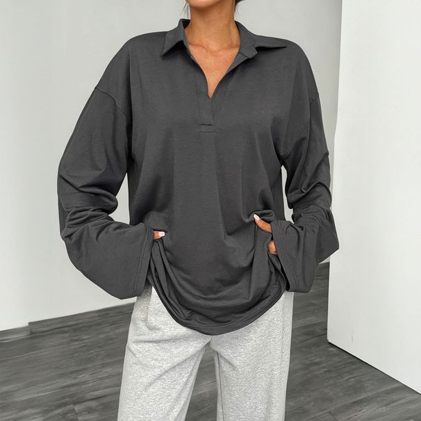 Women's Casual Polo Collar Long Sleeve Top European American Style Loose Base Layer Spring Summer_ecoleips.com