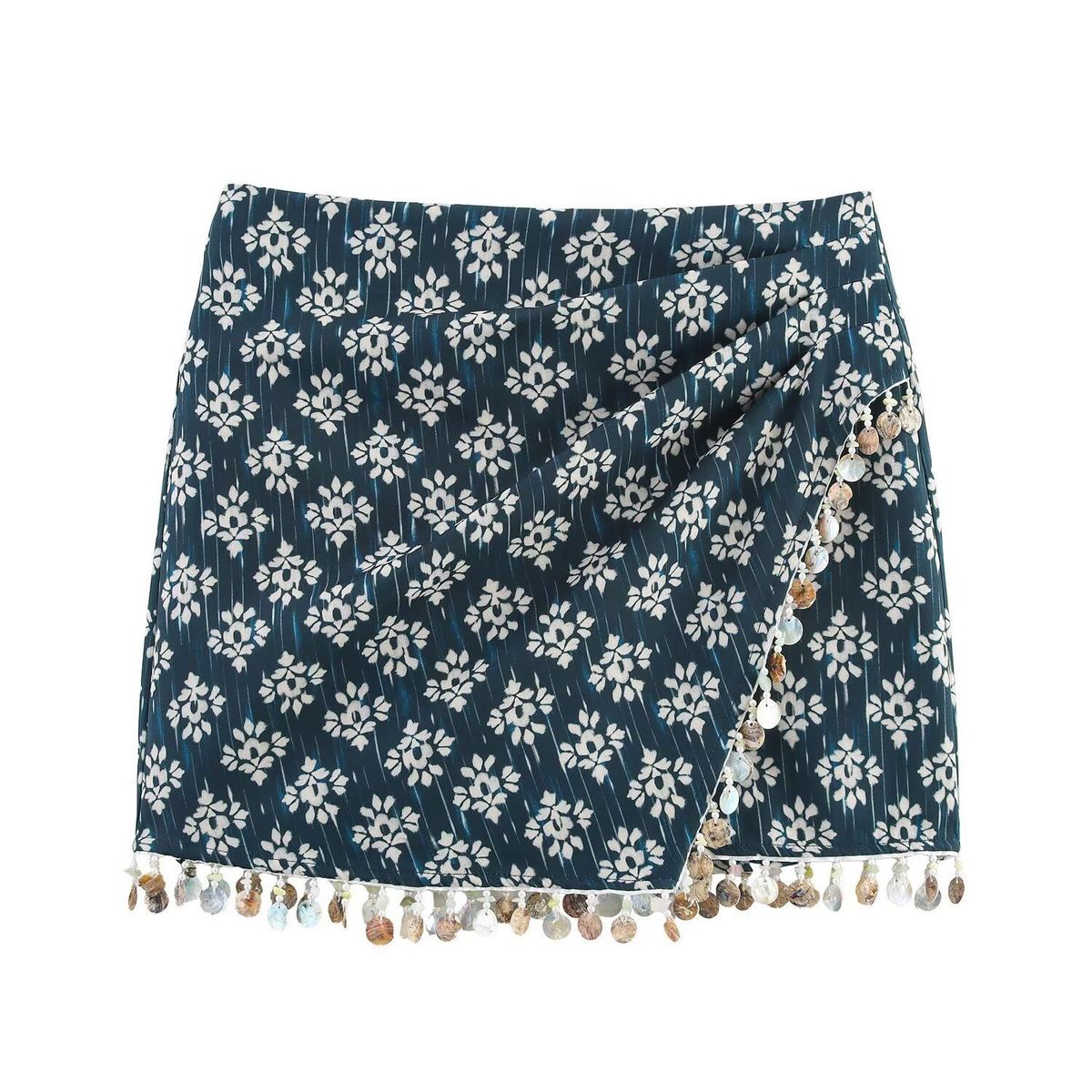 Verve 2025 Summer New Y2K Style Women's High Waist Printed Side Knot Decorated Hem Beaded Skirt_ecoleips.com