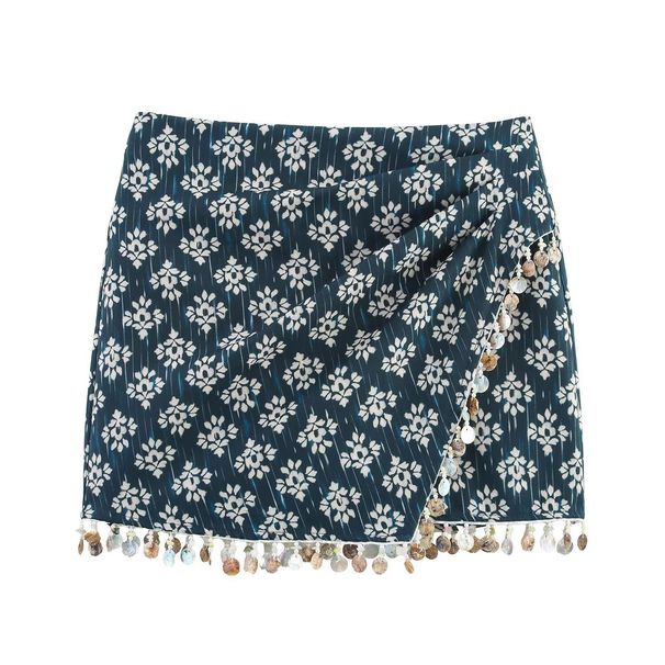 Verve 2025 Summer New Y2K Style Women's High Waist Printed Side Knot Decorated Hem Beaded Skirt_ecoleips.com