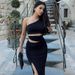 New Arrival Asymmetrical One Shoulder Hollow Out Dress Bodycon Sexy Clubwear High Slit Irregular Hem Mini Dress For Women_ecoleips.com